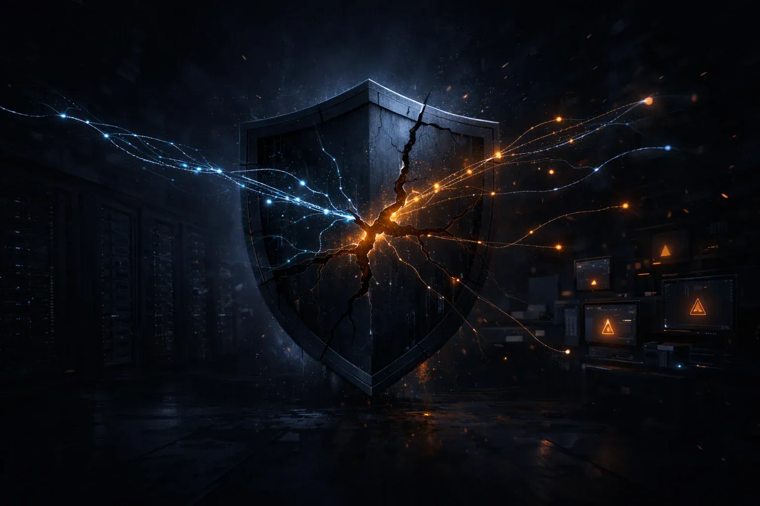A cracked digital shield under attack from AI-driven scanning beams in a dark server environment