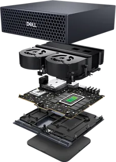 Dell exploded view of the Pro Max with GB10 showing the rubber base plate, bottom cover, M.2 SSD, chassis, system board, and cooling assembly